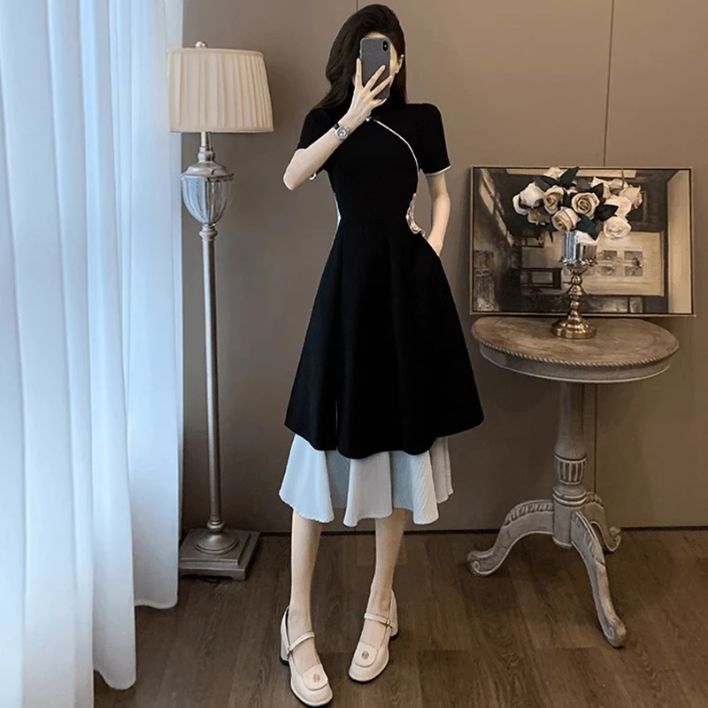 新中式国风拼接短袖连衣裙女2025年夏季设计感气质收腰改良旗袍裙