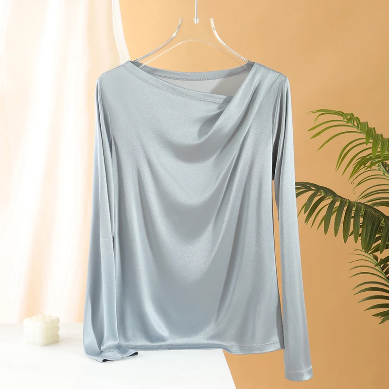 口碑款！百搭与时髦兼备 重磅醋酸上衣 捏褶设计感荡领长袖打底T恤