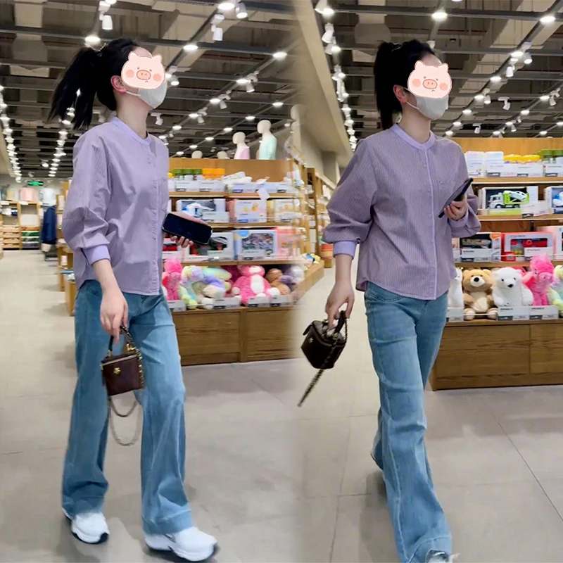 设计感小众百搭条纹衬衫女春秋款爆款韩版遮肉显瘦上衣牛仔裤套装