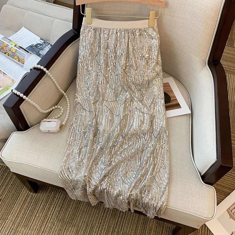 闪闪亮片半身裙女夏季2024新款设计感小众高腰显瘦中长款包臀长裙