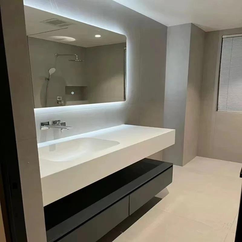 酒店风岩板热弯一体盆浴室柜组合免漆实木洗手台盆柜组合7229