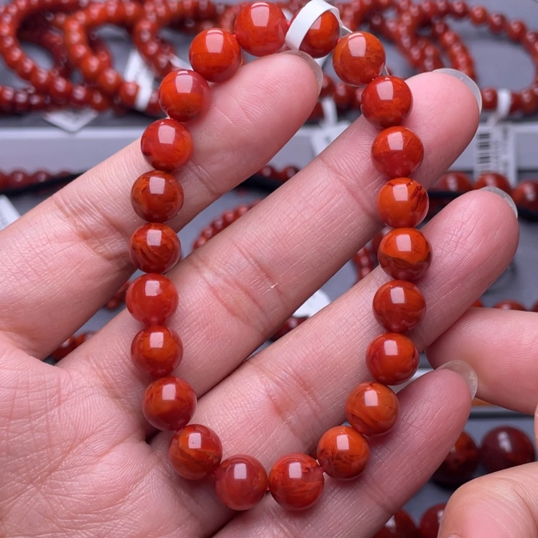 南红玛瑙未镶嵌配珠9.2mm瓦西火焰纹圆珠手串