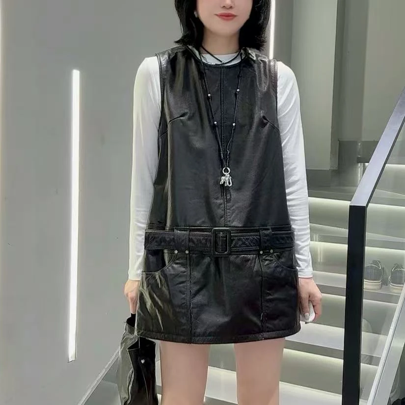 《刘夫人推荐》2025新款真皮皮裙中长款无袖带腰带宽松显瘦直筒裙女
