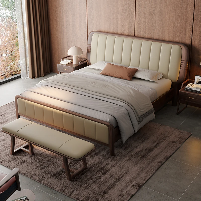 舒适软靠乌金木真皮床北欧现代简约主卧黑胡桃木色婚床米色钢琴键