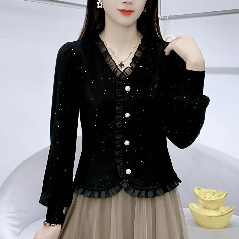 2025春秋季新款法式设计时尚花边洋气长袖上衣显瘦修身百搭小衫