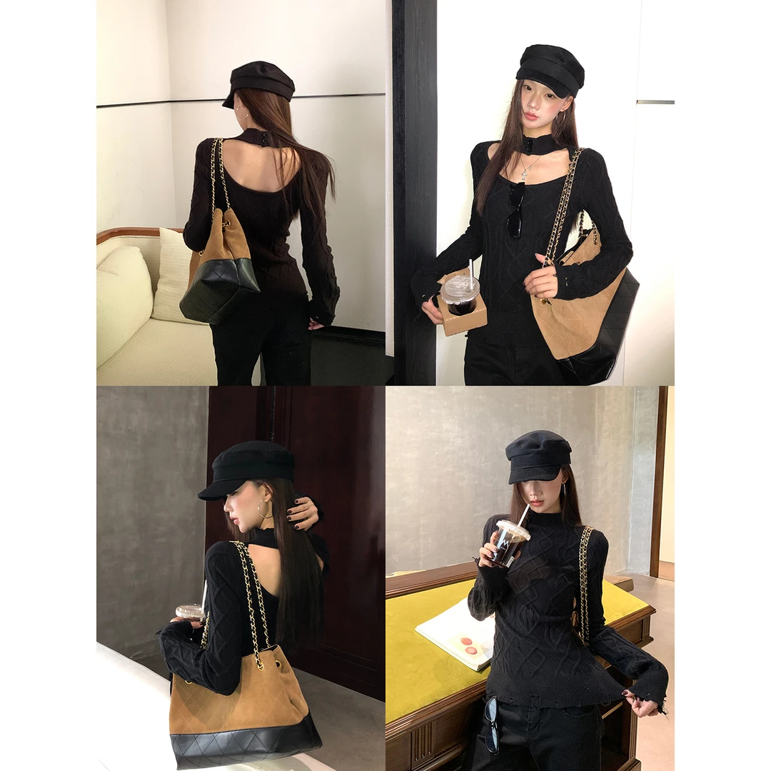 【莫妮卡】冬季美式辣妹镂空抹脖显瘦修身毛衣HJ88243