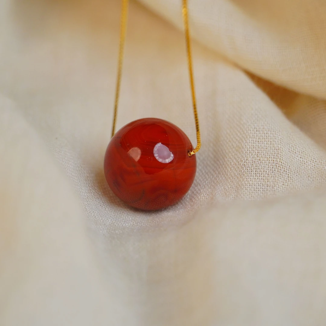 无胶裂单珠柿子红火焰纹天然原矿凉山南红18k金项链（多样发其一）