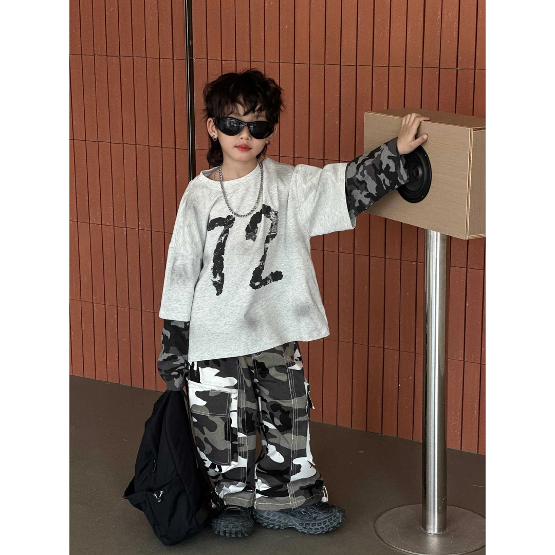 GXM2025年春季假两件豹纹T恤男童中小童长袖上衣时尚百搭韩宽松