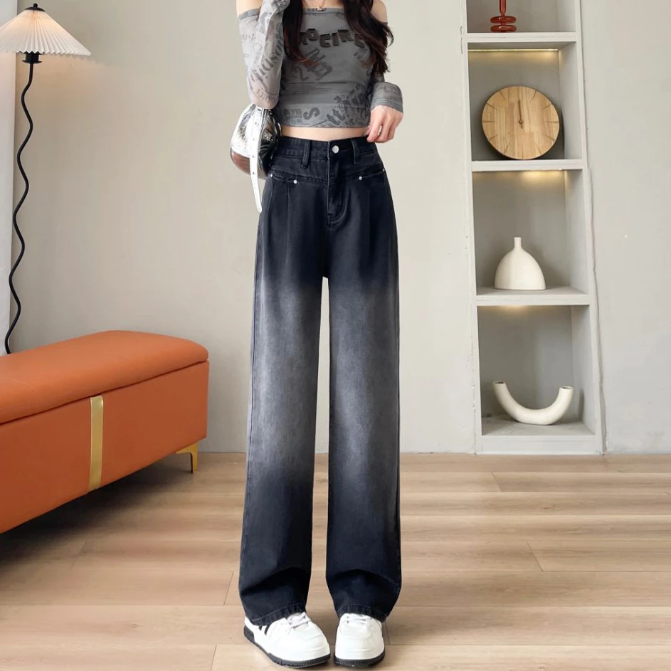 黑灰渐变阔腿牛仔裤女秋季150小个子显高宽松显瘦高腰窄版直筒裤