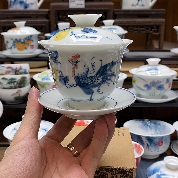手绘公鸡盖碗160cc釉下彩微瑕福利款