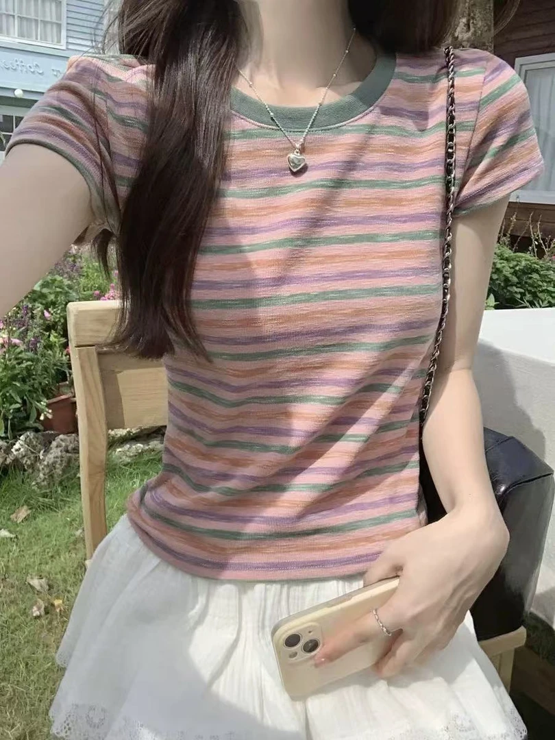 9102#透气冰爽竹节棉条纹短袖T恤女韩版修夏季显瘦百搭上衣设计感