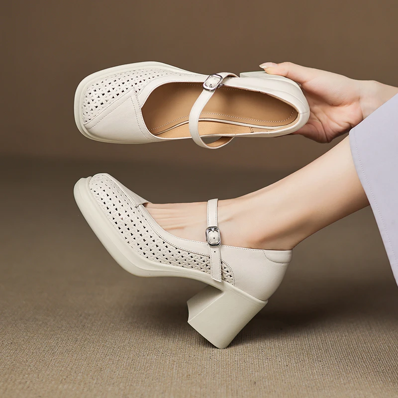 浅口厚底编织镂空透气凉鞋女2025新款夏季粗跟一字带玛丽珍单鞋