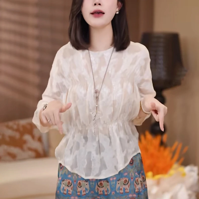 杏色时尚圆领衬衫女夏季2025新款洋气减龄收腰独特超好看气质上衣