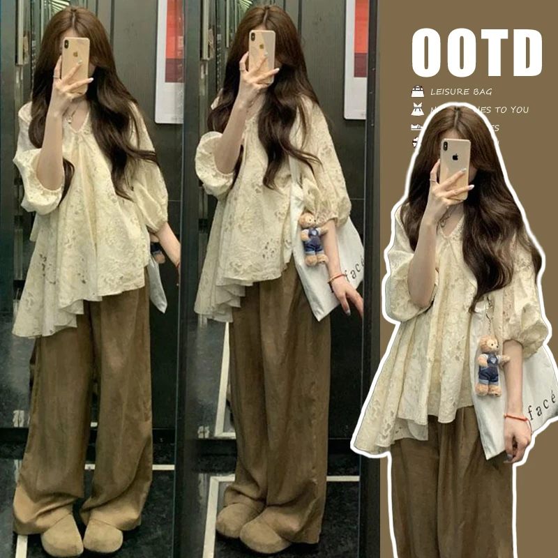 时髦孕妇装新款蕾丝不规则娃娃衫碎花显瘦时尚休闲裤子网红款套装