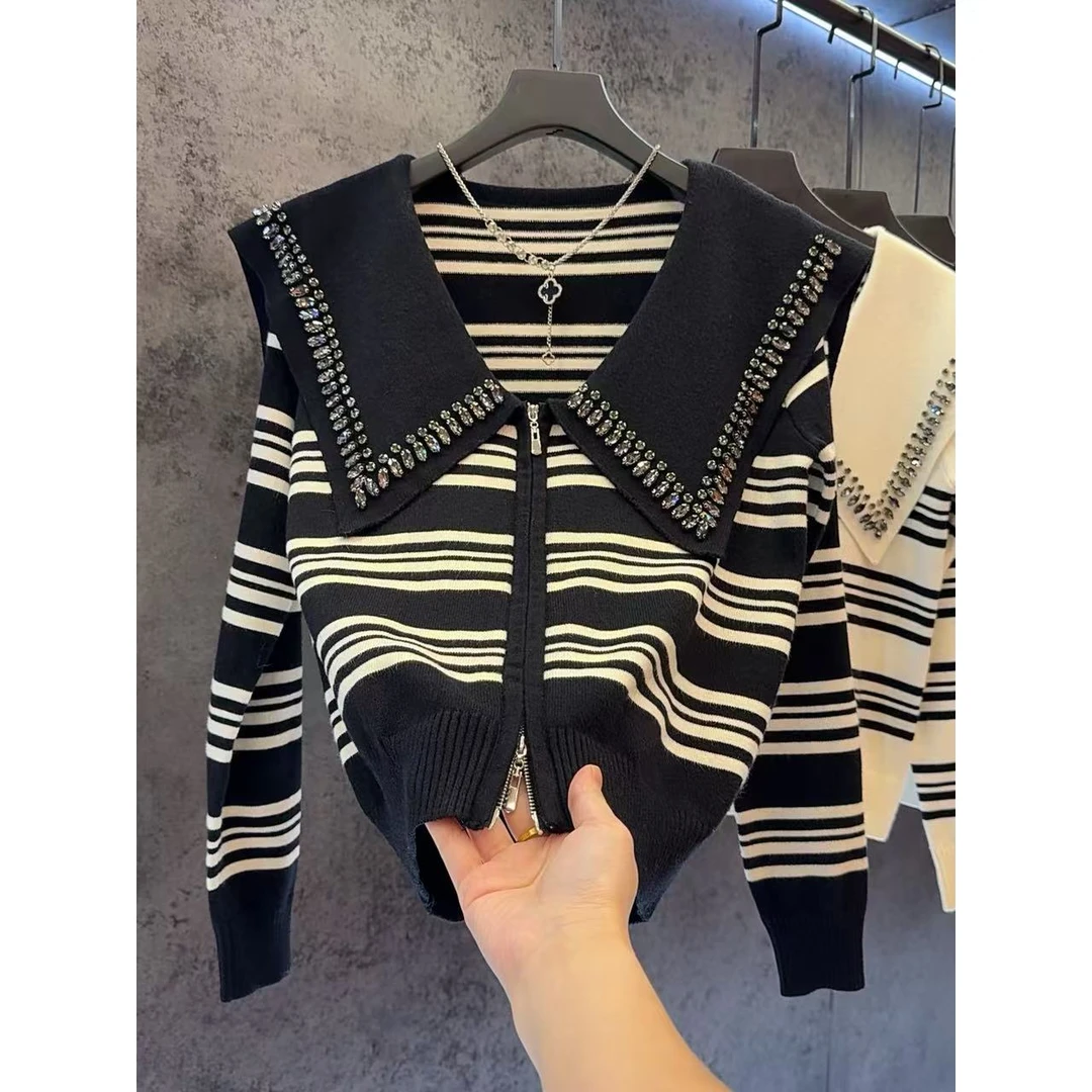 【定制大码女装80-200斤】时尚百搭海军领显瘦条纹开衫上衣款2179