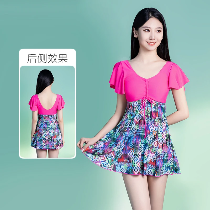 艾飞鱼游泳泳衣女新款夏保守仙气遮肚显瘦印花性感裙子泳装大码