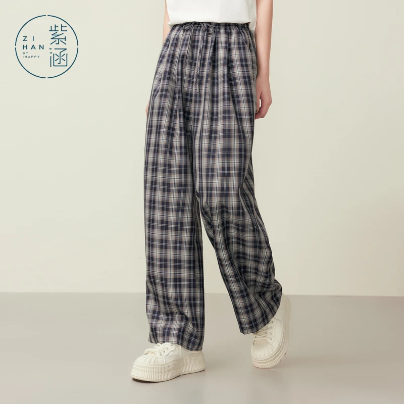 紫涵藏青格子阔腿裤女2025年夏季新款显瘦宽松休闲裤Z5Z03BS107