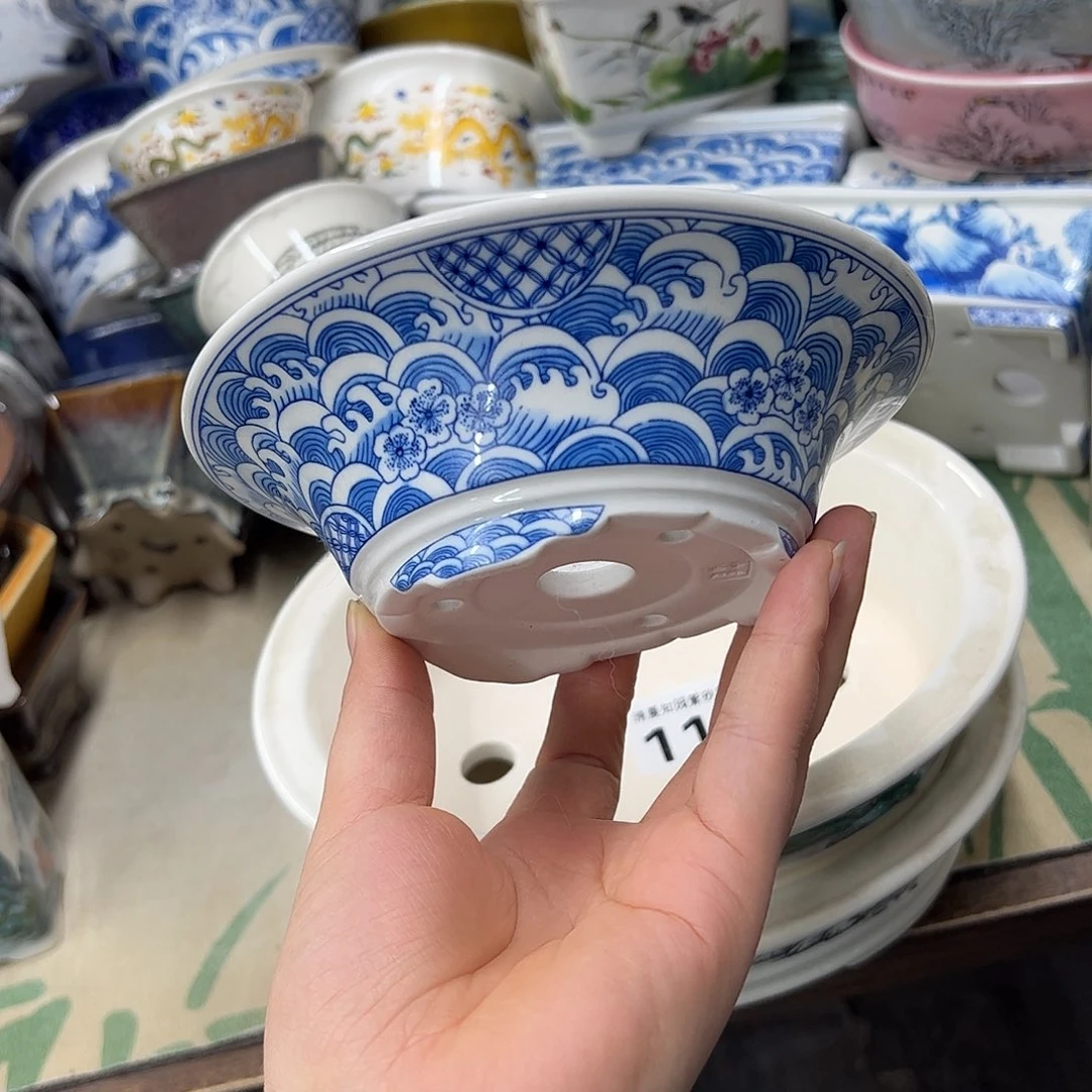 紫砂花盆386号瑕疵15/5cm仿手绘海浪花纹