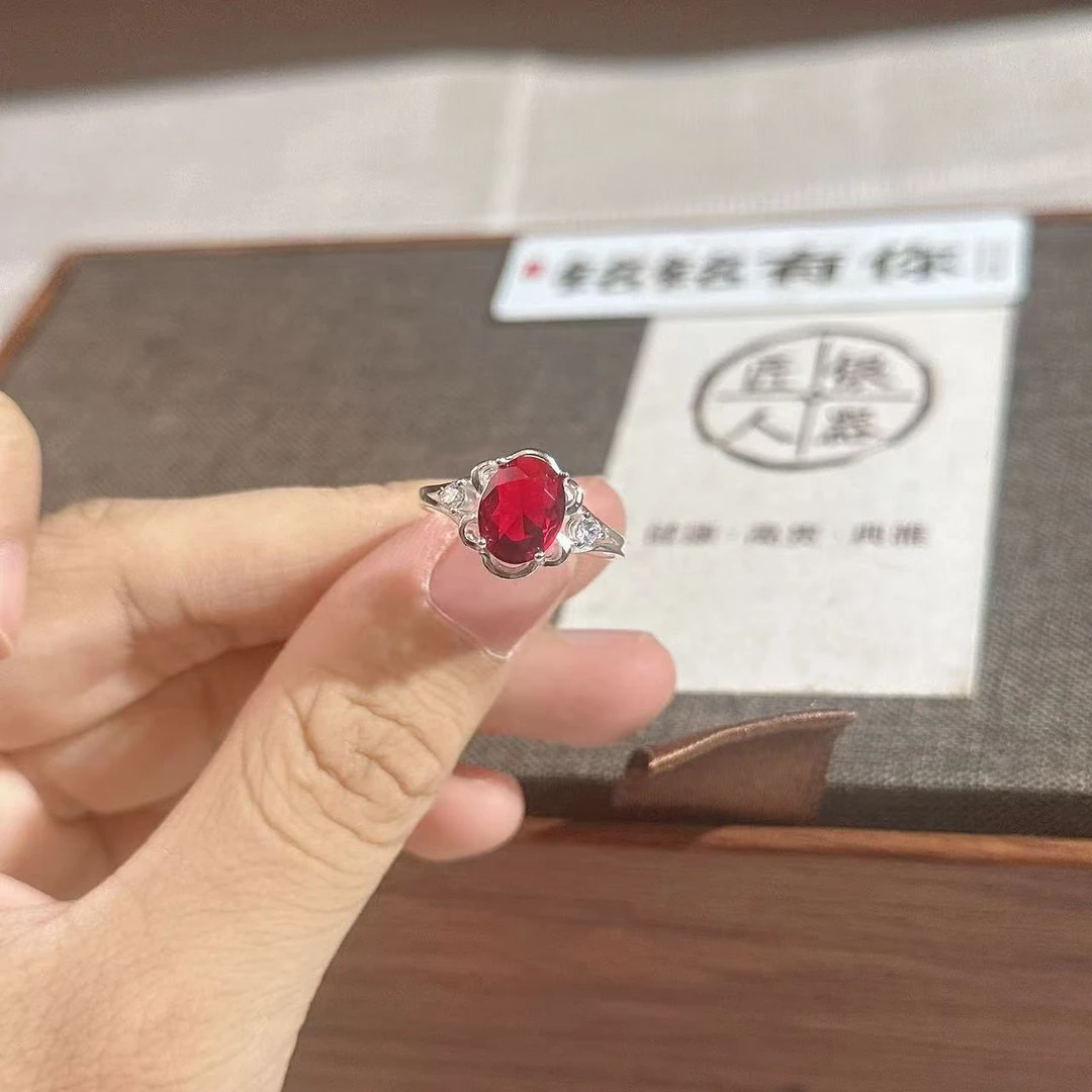 铭铭有你 足银合成锆石戒指 【鸽子蛋】红 足银戒指