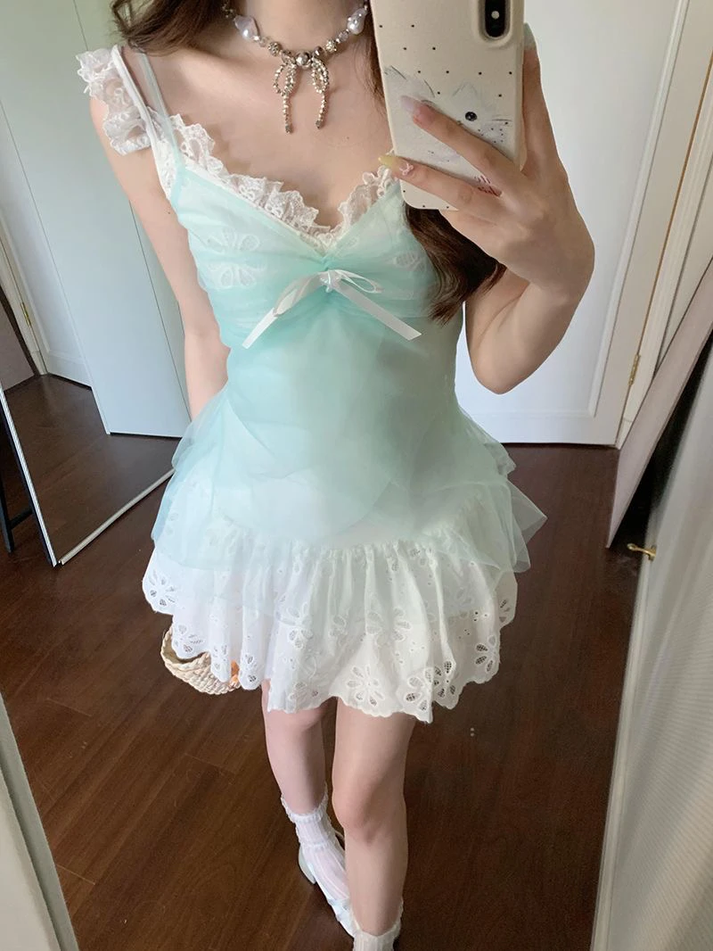 【主包同款】薄荷曼波青春甜美网纱两件套连衣裙