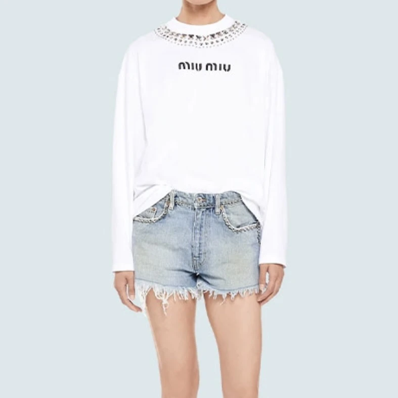 99新 MIU MIU/缪缪 wdf219 领口水钻卫衣 胸口logo 棉 L码