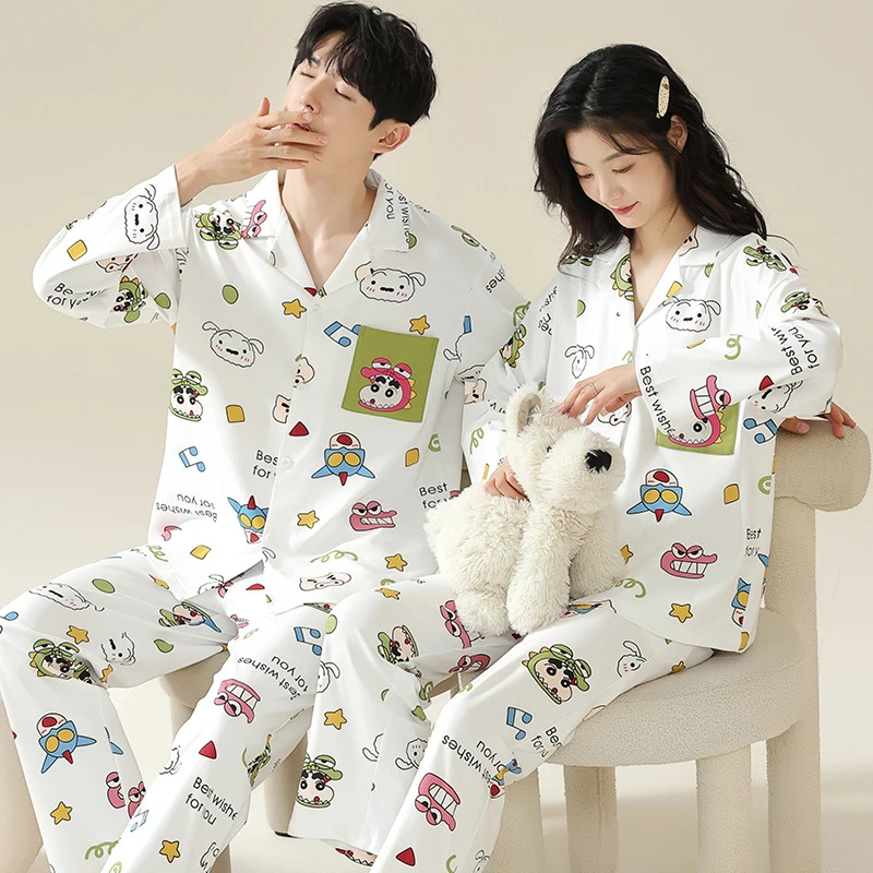 全棉情侣睡衣春秋新款纯棉开衫长袖女士卡通家居服男士套装可外穿