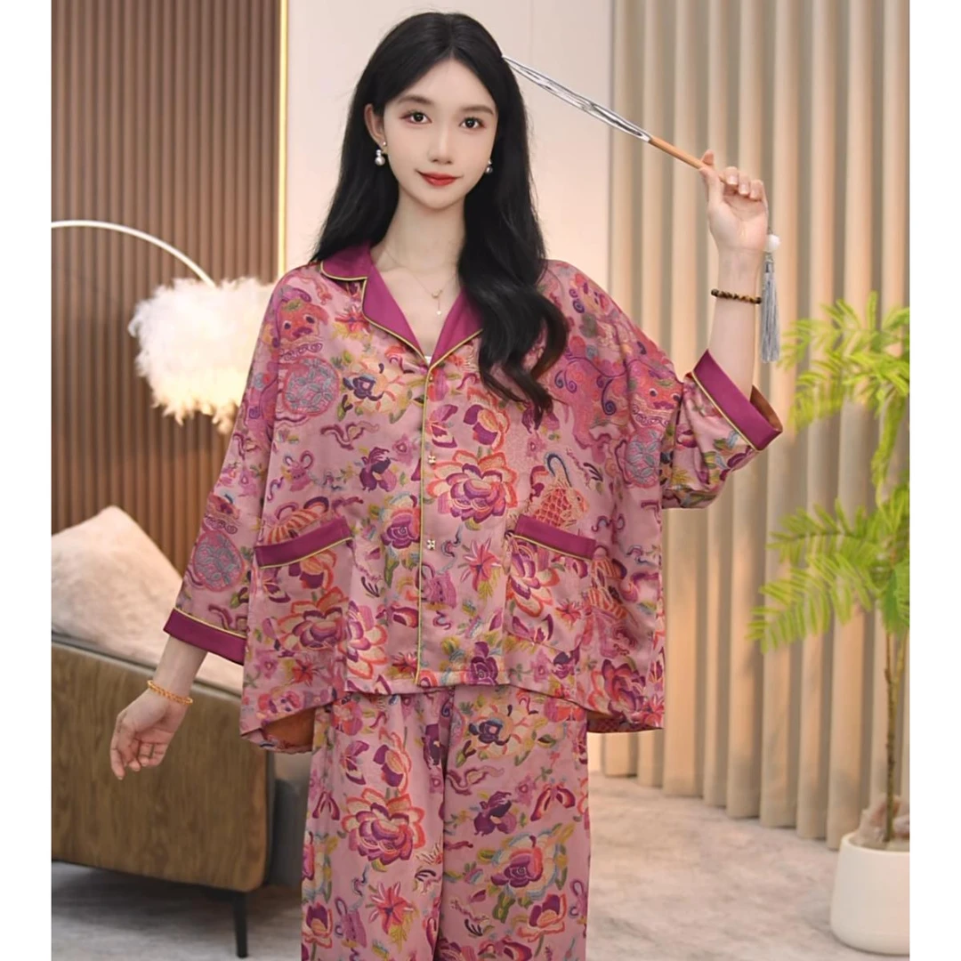 2025年新款印花夏季女睡衣防静电宽松七分袖翻领女士套装