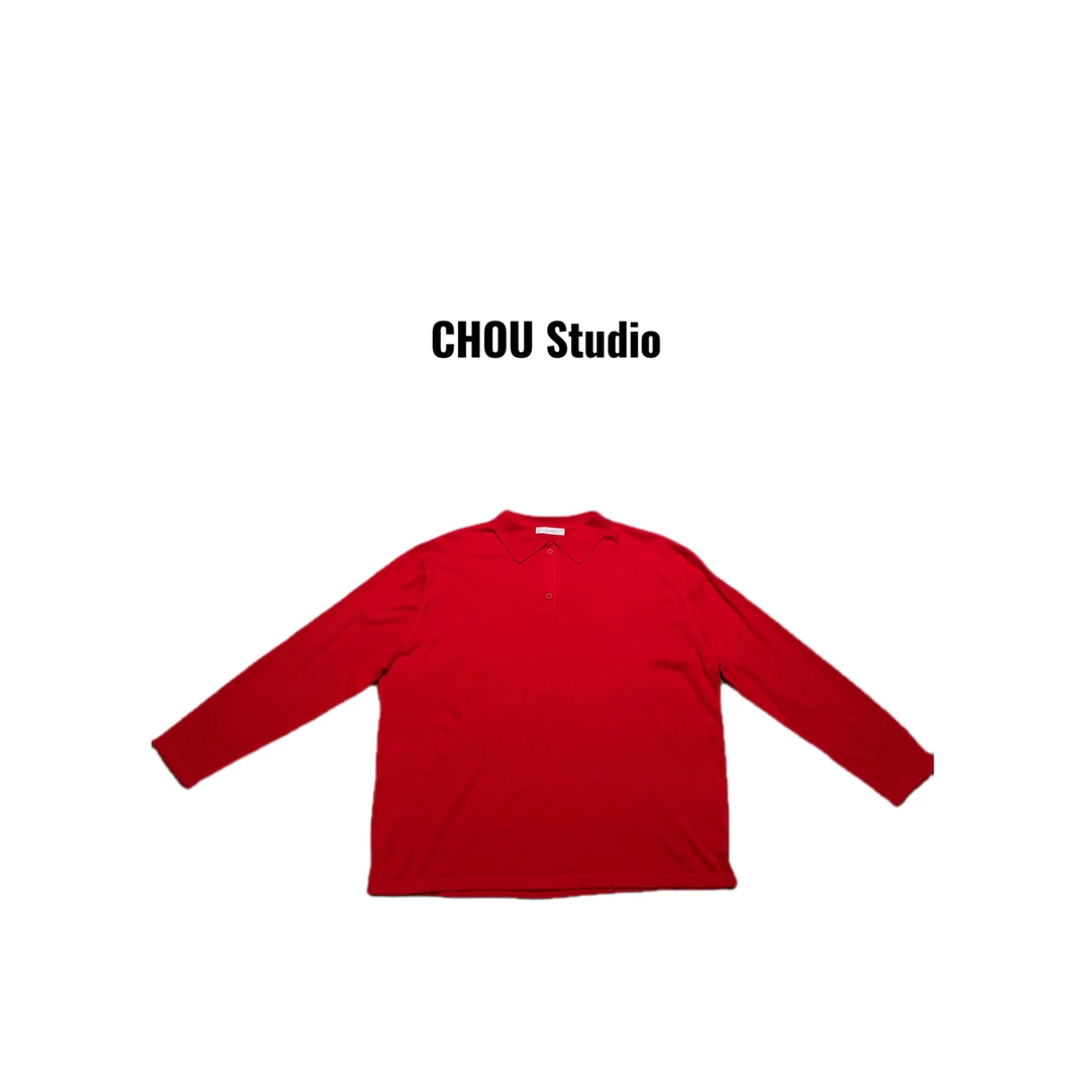 【CHOU CHOU】极简美利奴羊毛氛围感红色polo衫 S75268