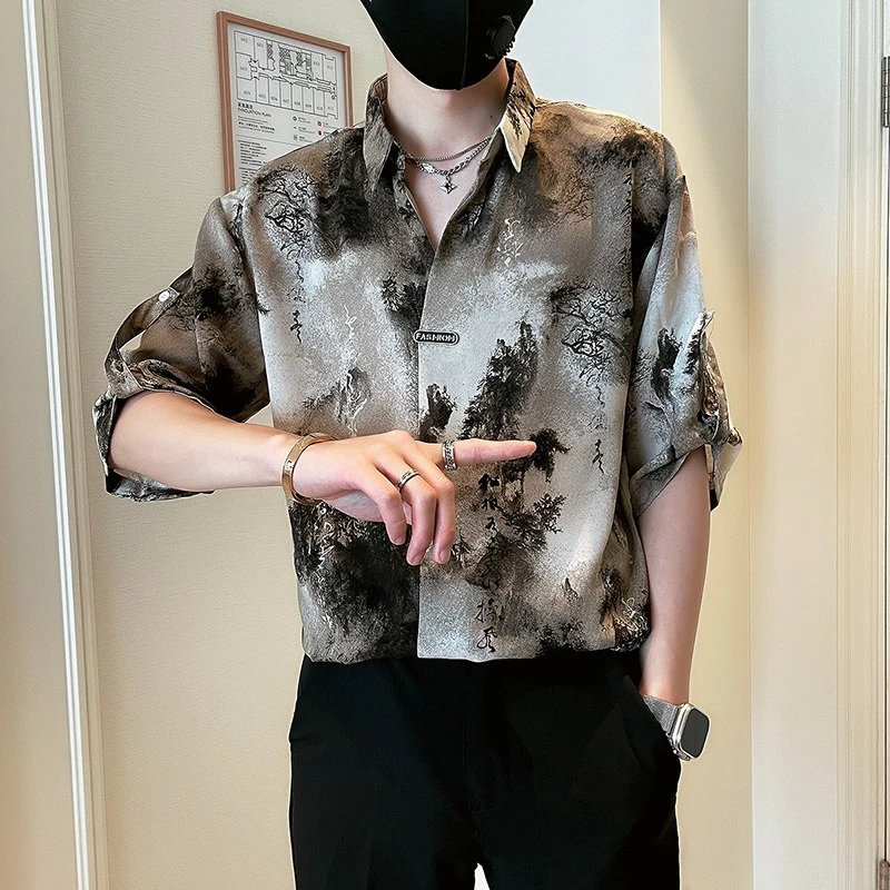 水墨扎染短袖衬衫男2025新款夏季薄款冰丝衬衣宽松潮流高级感上衣