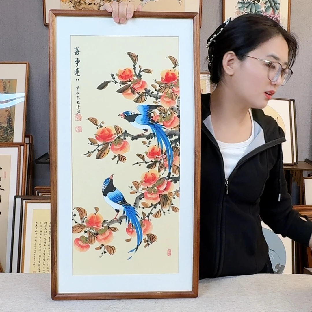 国画纯手绘，纯手写带框尺寸：53×53厘米