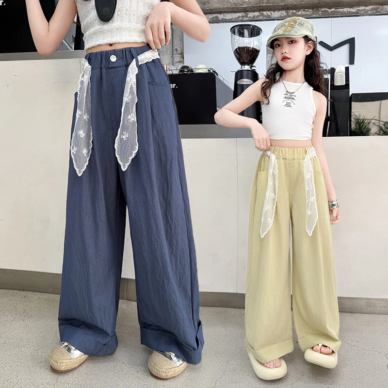 女童裤子夏季新款2025爆款蕾丝腰带山本裤中大童女孩阔腿拖地裤潮