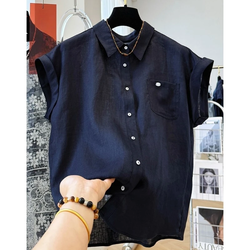 特大码2-300斤高级感亚麻卷边短袖翻领衬衫男款夏季薄款气质小衫