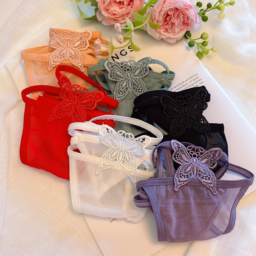 新款时尚性感镂空绑带刺绣蝴蝶少女网纱女士内裤