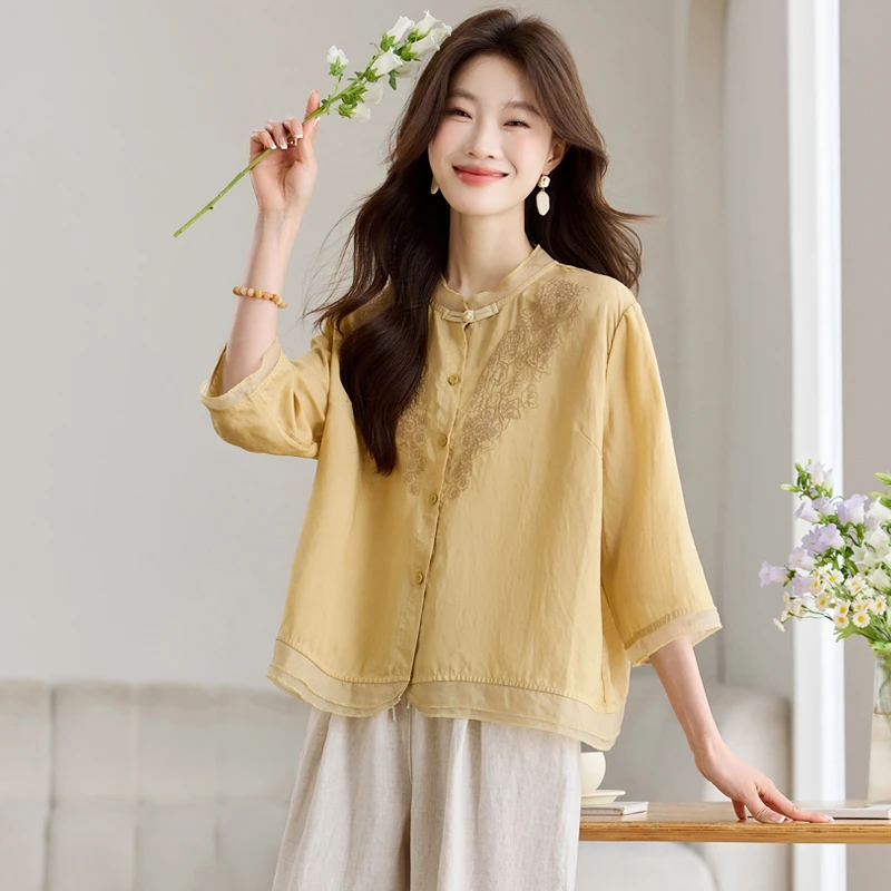 立领刺绣国风苎麻衬衫女五分袖2025年夏季新款宽松百搭纯色小衫女
