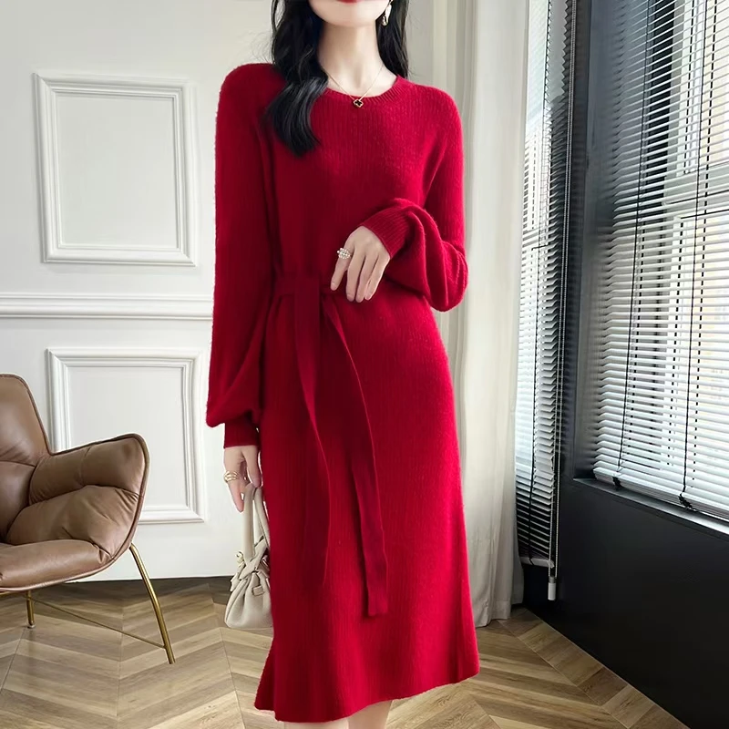 高端100%羊毛衫女腰带连衣裙气质长裙开叉过膝针织衫打底衫毛衣裙