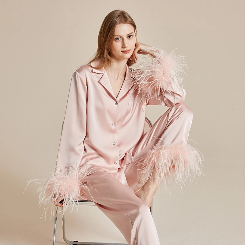 FORYOURS法式羽毛可拆卸睡衣高级可外穿袖口脚口羽毛轻奢缎面套装