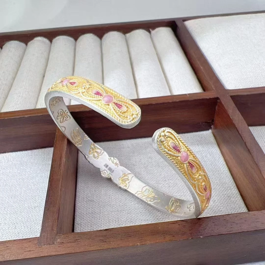 足银手镯 999.9 【53】紫色珐琅吉祥如意宝相花开手镯女中式珐琅彩