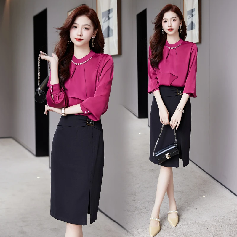 2025年设计感飘带立领洋气衬衣气质高腰半身裙套装上班族通勤风女