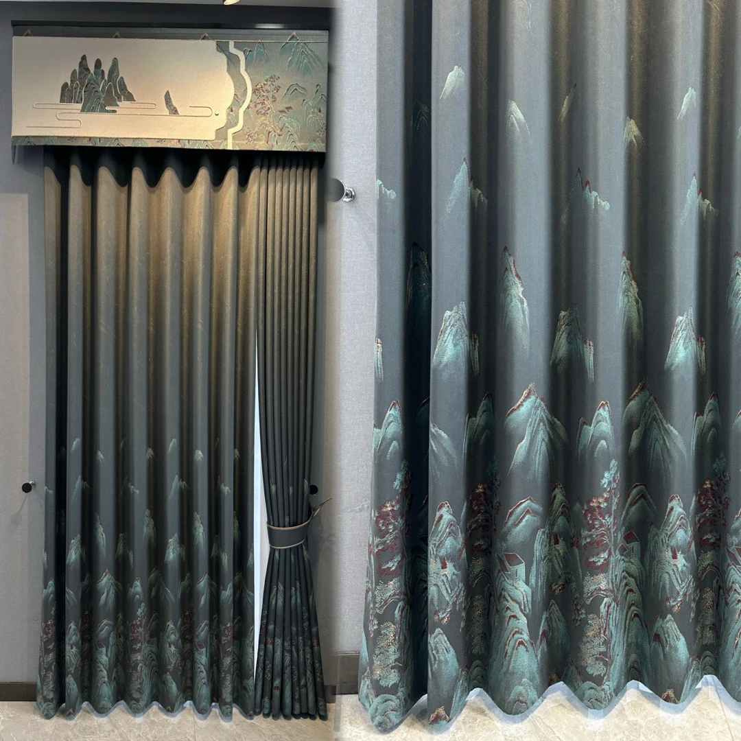 新中式窗帘高精密提花遮光古典山水客厅卧室隔热飘窗成品