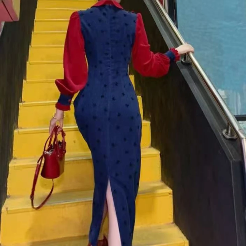 一生罗曼甜心欧蕾法式时尚收腰秋季新款撞色拼接显瘦长袖连衣裙