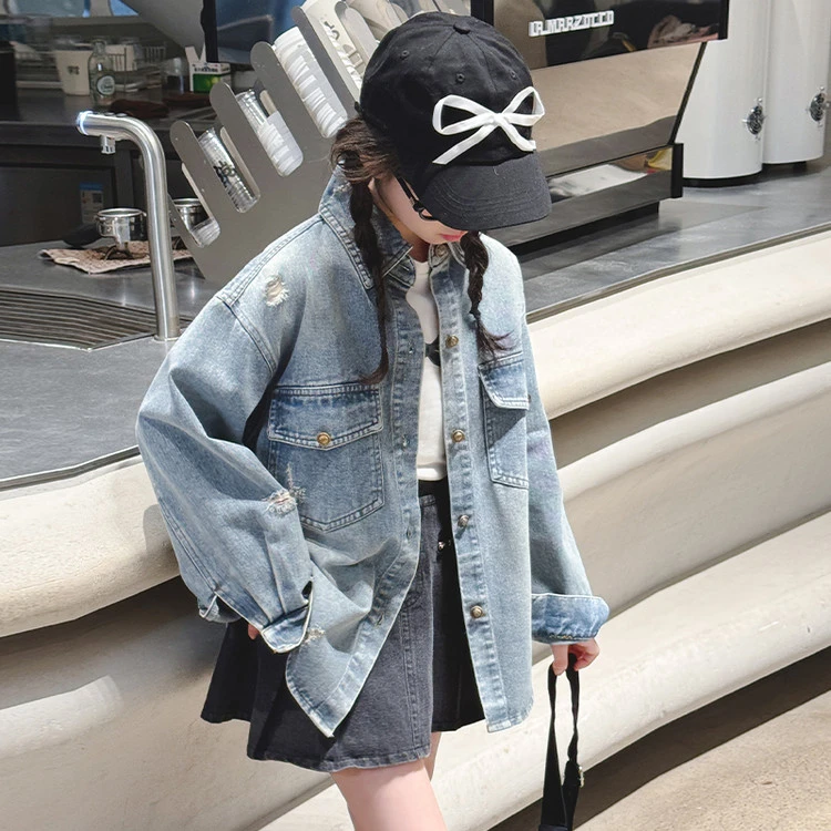 女童牛仔衬衫外套2025春季新款6-12岁15岁洋气中大童时髦洋气上衣