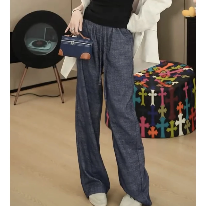 【劉發發】Q012【蓝色休闲亚麻裤】新款韩版慵懒百搭时尚宽松休闲裤