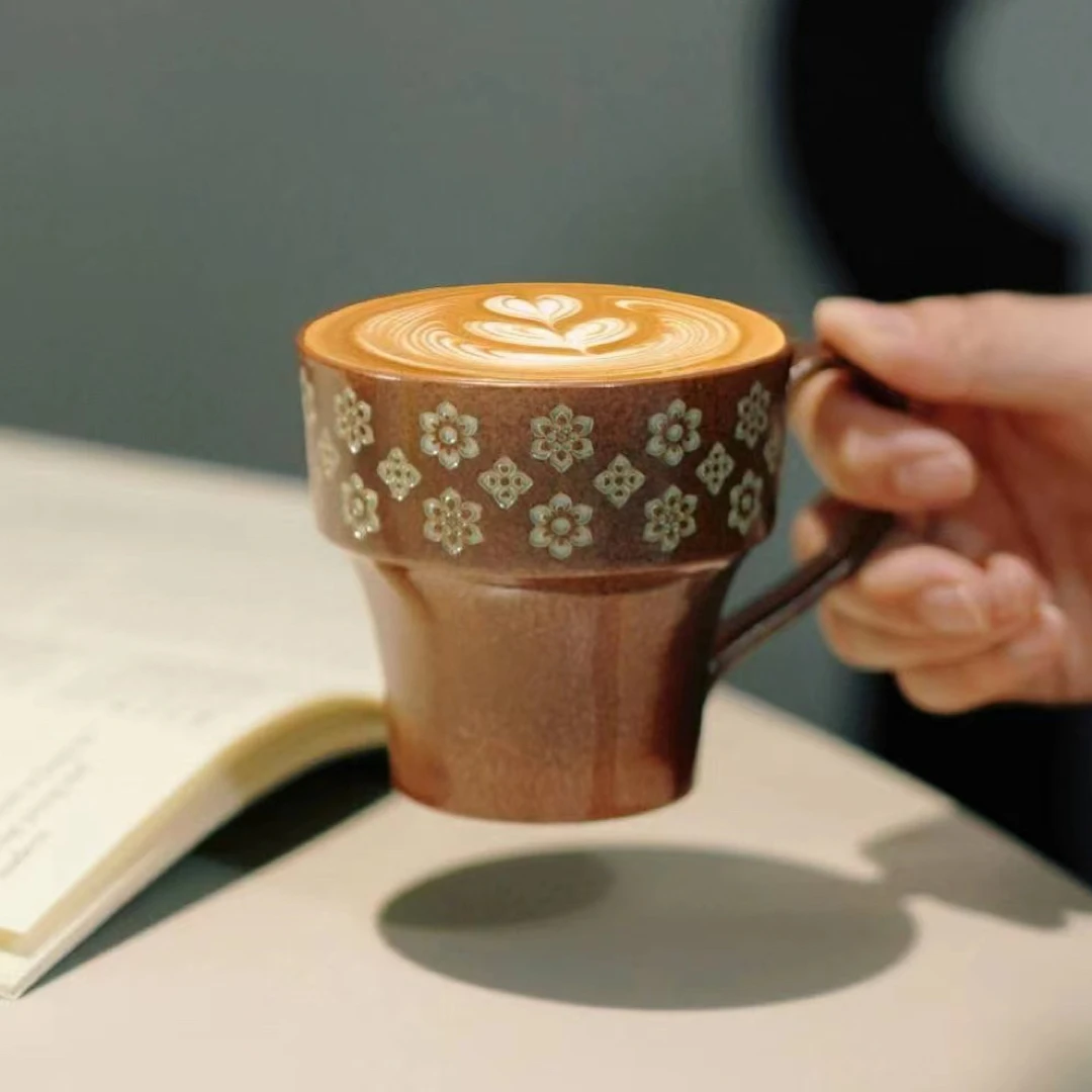 龙泉宝相花梅青灰釉咖啡杯 高端茶器 手把咖啡杯 茶杯奶茶杯陶瓷