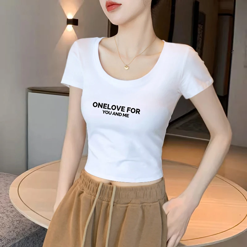 白色短袖露脐t恤女春夏2025新款修身体恤设计感U领高腰短款上衣潮