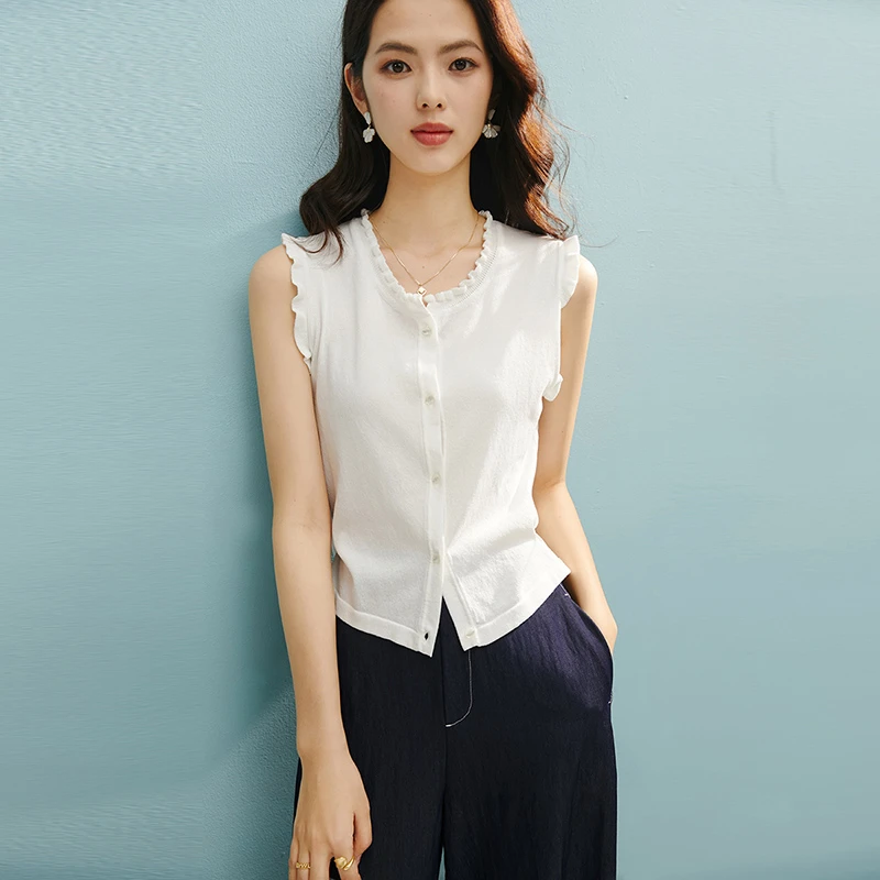 晚白【新品】2025温婉淑女白上衣高弹花边领针织背心女24122390