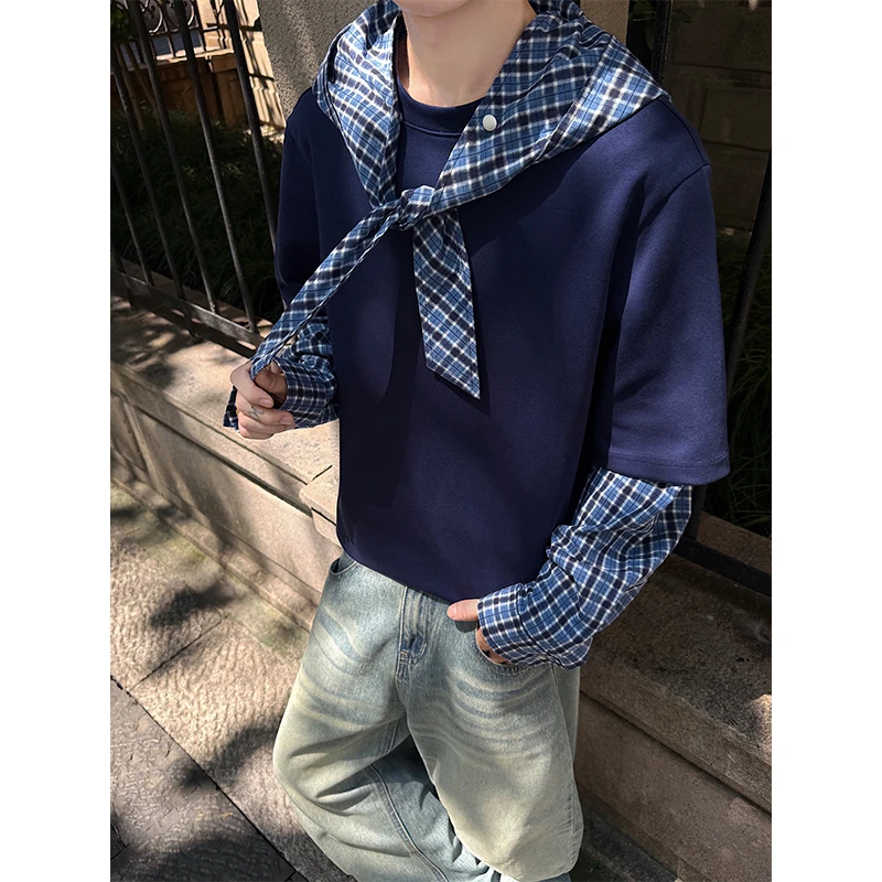 美式格纹帽衫卫衣男春秋cleanfit休闲上衣情侣痞帅慵懒风长袖T恤