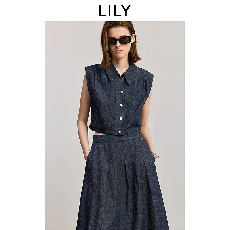 LILY2025女装牛仔风无袖休闲收腰衬衫马甲125259C4948