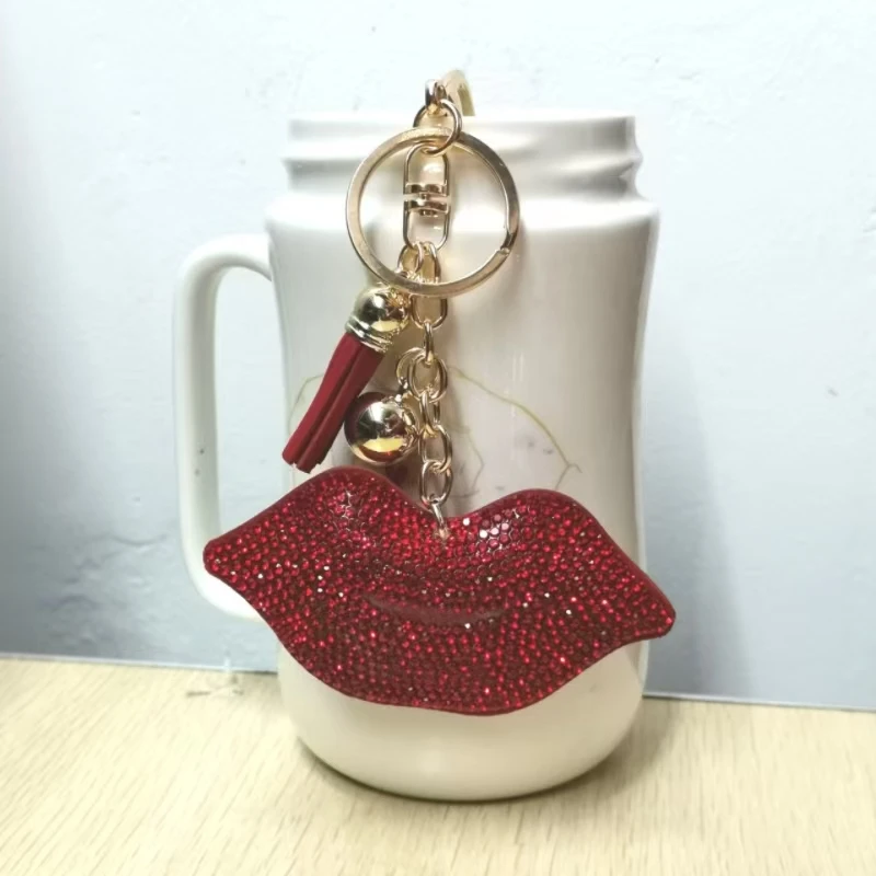 跨境热卖流苏镶钻红嘴唇女士包包挂件时尚韩国绒烫钻双色钻钥匙扣