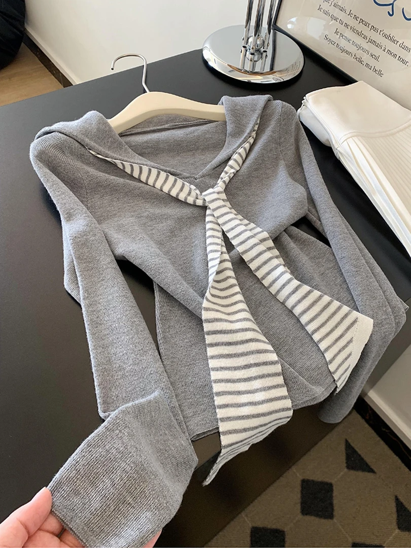 早秋新款复古软糯慵懒风上衣韩系chic独特超好看灰色针织披肩T恤