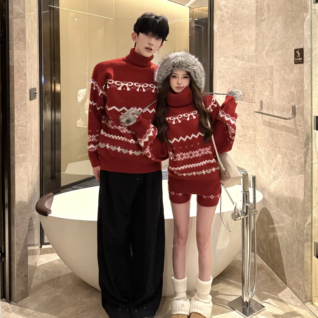 费尔岛风圣诞毛衣情侣装秋冬法式复古提花松弛感新年针织裤两件套